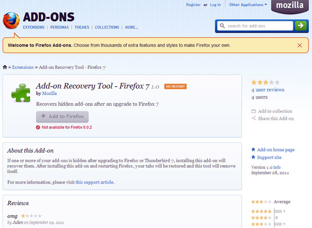 Aplikacija za povratak izgubljenih add-onova u Firefoxu 7